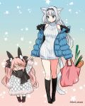  2girls absurdres animal_ear_fluff animal_ears bag baguette bangs black_bow black_footwear black_scarf blue_eyes blue_jacket boots bow bread breasts cat_ears cat_girl cat_tail closed_mouth clothing_cutout coat commentary dobrynya_nikitich_(fate) dress eyebrows_visible_through_hair fake_animal_ears fate/grand_order fate_(series) food full_body fur_trim glasses gradient gradient_background grey_hair hair_bow highres holding holding_hands izumi_minami jacket koyanskaya_(fate) long_hair long_sleeves looking_at_another looking_at_viewer medium_breasts multiple_girls open_clothes open_jacket open_mouth pink_background pink_bag pink_hair rabbit_ears ribbed_sweater scarf shopping_bag short_dress shoulder_cutout smile spring_onion standing starry_background sweater sweater_dress tail tamamo_(fate) turtleneck turtleneck_sweater twitter_username very_long_hair white_coat white_legwear white_sweater winter_clothes winter_coat yellow_eyes younger 