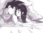 1boy 1girl arm_support bed bed_sheet black_eyes black_hair chi-chi_(dragon_ball) chi_(cmon_57) collarbone couple dragon_ball eye_contact eyelashes face-to-face fingernails greyscale hair_down hand_on_another&#039;s_arm hand_on_another&#039;s_shoulder happy hetero long_hair looking_at_another lying monochrome muscular muscular_male on_bed on_stomach open_mouth profile shade simple_background sleepwear smile son_goku spiky_hair tank_top under_covers white_background 