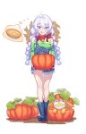  1girl artist_request bangs bare_shoulders black_footwear blue_eyes boots braid closed_mouth farmer food full_body gloves green_shirt hat highres holding holding_food homu_(honkai_impact) honkai_(series) honkai_impact_3rd kiana_kaslana long_hair long_sleeves neckerchief overalls pie pumpkin red_neckerchief shirt smile solo standing straw_hat tongue tongue_out twin_braids white_background white_gloves white_hair 