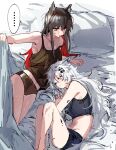  ... 2girls animal_ear_fluff animal_ears arknights armpits bare_arms bare_legs bare_shoulders bed_sheet black_hair black_panties black_shorts camisole closed_eyes closed_mouth collarbone colored_inner_hair highres lappland_(arknights) long_hair lying multicolored_hair multiple_girls na_tarapisu153 navel on_bed on_side oripathy_lesion_(arknights) panties pillow redhead shorts silver_hair sleeping smile speech_bubble spoken_ellipsis sports_bra strap_slip texas_(arknights) two-tone_hair underwear very_long_hair wolf_ears yuri 