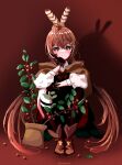  1girl absurdres bangs berry_(pokemon) blush boots brown_capelet brown_cloak brown_eyes brown_hair cape capelet cloak feather_hair_ornament feathers frown gloves hair_ornament hand_on_own_face highres hololive hololive_english long_hair looking_at_viewer nanashi_mumei partially_fingerless_gloves plant ponytail potted_plant rawsalmon red_skirt ribbon shadow shirt skirt solo thigh-highs thigh_strap virtual_youtuber white_shirt 
