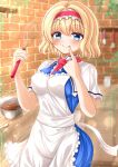  1girl alice_margatroid apron back_bow bangs belt blonde_hair blue_dress blue_eyes blush bow bowl breasts capelet chocolate closed_mouth covered_nipples dress eyebrows_visible_through_hair eyes_visible_through_hair fingernails food grey_bow hair_between_eyes hairband hands_up highres licking_lips long_fingernails looking_at_viewer medium_breasts necktie pink_necktie red_hairband reijing_etrn short_hair short_sleeves smile solo standing tongue tongue_out touhou wall white_apron white_belt white_capelet 