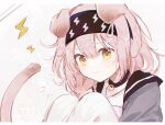  1girl animal_ears arknights bangs black_choker black_hairband blush braid cat_ears cat_girl cat_tail choker closed_mouth dated eyebrows_visible_through_hair goldenglow_(arknights) grey_background hairband knees_up letterboxed lightning_bolt_print lightning_bolt_symbol long_hair looking_at_viewer nstlgie pink_hair side_braid signature sitting solo tail tearing_up upper_body white_legwear yellow_eyes 