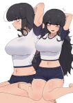  1girl :d arms_behind_head bags_under_eyes bangs barefoot black_hair blush breasts commentary_request eyebrows_visible_through_hair flying_sweatdrops highres korean_commentary long_hair looking_at_viewer midriff multiple_views nakta navel original red_eyes shorts sitting smile wariza 