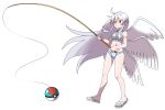  1girl absurdres adapted_costume ahoge angel angel_wings arm_tattoo asatsuki_(fgfff) bikini blush closed_mouth collarbone feathered_wings fishing_rod full_body grey_hair highres holding long_hair multiple_wings navel poke_ball red_eyes sandals sariel_(touhou) seraph simple_background stomach stomach_tattoo sweatdrop swimsuit tattoo touhou touhou_(pc-98) very_long_hair white_background white_bikini white_wings wings 