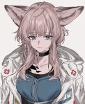  1girl animal_ears aogisa arknights bangs black_choker blue_eyes blue_shirt breasts brown_hair choker closed_mouth coat collarbone eyebrows_visible_through_hair fox_ears highres looking_at_viewer medium_breasts older open_clothes open_coat oripathy_lesion_(arknights) shirt short_hair_with_long_locks sidelocks simple_background solo sussurro_(arknights) white_background white_coat 