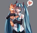  1boy 1girl animal animal_ears animal_hands animal_nose aqua_eyes aqua_hair aqua_necktie bare_shoulders black_skirt black_sleeves body_fur cat cat_boy cat_ears cat_tail commentary crossover detached_sleeves english_commentary garfield garfield_(character) grey_background grey_shirt grin hatsune_miku headset heart holding holding_animal holding_cat long_hair looking_at_viewer microphone minwabu necktie number_tattoo one_eye_closed orange_fur pawpads shirt shoulder_tattoo simple_background skirt sleeveless sleeveless_shirt smile speech_bubble spoken_heart stuffed_animal stuffed_toy tail tattoo teddy_bear twintails very_long_hair vocaloid 