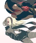  2girls bare_shoulders belt black_hair black_scarf blonde_hair chest_tattoo closed_eyes closed_mouth clothing_cutout crow_(gravity_daze) dark-skinned_female dark_skin detached_sleeves flying gem gradient gradient_background gravity_daze gravity_daze_2 hairband highres kitten_(gravity_daze) long_hair looking_at_another multicolored_hair multiple_girls navel navel_cutout red_eyes redhead saitou_shunsuke scarf smile tattoo 