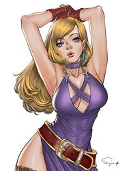  1girl armpits arms_up belt blonde_hair blue_eyes breasts dress earrings fatal_fury highres jenet_behrn jewelry long_hair mark_of_the_wolves superbull164164 the_king_of_fighters the_king_of_fighters_xv 