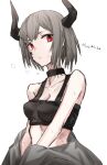  1girl arknights bare_shoulders black_camisole breasts brown_hair camisole collar commentary_request highres horns open_clothes oripathy_lesion_(arknights) raw_egg_lent red_eyes sweat sweatdrop translation_request vulcan_(arknights) 