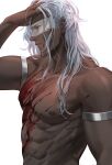  1boy abs armlet blood blood_on_face character_request closed_mouth commentary copyright_request dark_skin english_commentary from_side hand_on_own_head highres long_hair male_focus muscular muscular_male nose o3tofu red_eyes signature simple_background solo tagme white_background white_hair 