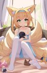  1girl aaaaabk! animal_ear_fluff animal_ears arknights bangs bare_shoulders bed_frame blonde_hair blue_dress braid child closed_mouth commentary_request crossed_bangs curtains doctor_(arknights) doll dress eyebrows_visible_through_hair fox_ears full_body green_eyes hair_between_eyes highres kitsune knees_together_feet_apart light_particles no_shoes off_shoulder pantyhose shamare_(arknights) sitting smile soles solo stuffed_animal stuffed_bunny stuffed_toy sunlight suzuran_(arknights) white_legwear window 