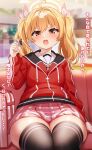  1girl absurdres ahoge ajifurai blonde_hair blue_archive blurry blurry_background blush chocolate commentary_request couch halo highres looking_at_viewer medium_hair open_mouth school_uniform sitting solo thigh-highs thighs translation_request yellow_eyes yoshimi_(blue_archive) 