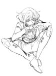  1boy 302 androgynous ascot earrings gloves graphite_(medium) greyscale half_gloves highres jewelry lio_fotia male_focus monochrome promare short_hair sidelocks sitting solo traditional_media 