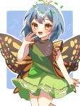  1girl antennae aqua_hair blush butterfly_wings dress eternity_larva eyebrows_visible_through_hair fairy green_dress hair_between_eyes leaf leaf_on_head multicolored_clothes multicolored_dress one-hour_drawing_challenge open_mouth short_hair short_sleeves siomi_403 smile solo touhou wings yellow_eyes 