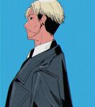  1girl acubi_tomaranai black_eyes blonde_hair blue_background blue_coat chainsaw_man coat ear_piercing highres kishibe_(chainsaw_man) looking_at_viewer male_focus piercing profile short_hair sideways_glance simple_background solo stitched_mouth stitches upper_body 