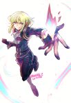  1boy 302 androgynous ascot black_gloves blonde_hair blue_fire fire gloves green_hair half_gloves highres lio_fotia male_focus pink_fire promare purple_fire pyrokinesis solo violet_eyes 