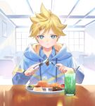  1boy blonde_hair blue_eyes blue_hoodie collared_shirt commentary_request drink food fork hair_ornament hairclip hood hoodie kagamine_len long_sleeves male_focus naoko_(naonocoto) piapro pout project_sekai shirt solo vocaloid 