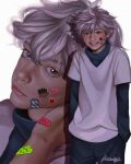  1boy artist_request child commentary english_commentary highres hunter_x_hunter killua_zoldyck lips long_sleeves looking_at_viewer male_focus nose parted_lips realistic short_hair simple_background smile solo sticker teeth white_hair 