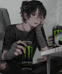  1boy androgynous black_hair book can cigarette energy_drink eyebrows_visible_through_hair hair_ornament highres lip_piercing looking_at_viewer monster_energy open_mouth original piercing shirt sitting solo tayumeru 