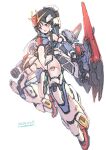  1girl artist_name black_hair blue_eyes boots breasts clenched_hands dated extra_arms gundam highres leotard long_hair looking_down mecha_musume medium_breasts metal_boots personification rondo_bell solo thigh-highs thigh_boots v-fin white_leotard zeta_gundam zeta_gundam_(mobile_suit) 
