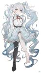  1girl 43_pon asymmetrical_legwear black_legwear blue_eyes commentary dress frilled_dress frills grey_hair hatsune_miku heterochromia highres long_hair project_sekai single_thighhigh solo thigh-highs very_long_hair violet_eyes white_background white_dress 