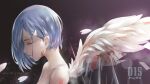  1girl angel angel_wings artist_name bare_shoulders black_background blood blood_on_arm blood_on_face bloody_wings blue_hair blurry bob_cut bokeh character_name cherry_blossoms chinese_commentary closed_eyes commentary_request copyright_name darling_in_the_franxx depth_of_field eyelashes from_side hair_ornament hair_strand hairclip highres ichigo_(darling_in_the_franxx) nude parted_lips profile pugwit short_hair solo spikes white_feathers white_wings wings 