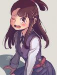  1girl bangs blue_dress blush brown_eyes brown_hair check_commentary collared_shirt commentary_request cowboy_shot dress grey_background highres kagari_atsuko little_witch_academia long_hair long_sleeves looking_at_viewer luna_nova_school_uniform madabau one_eye_closed open_mouth school_uniform shadow shirt sleeveless sleeveless_dress solo teeth upper_teeth white_shirt 