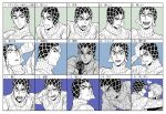  aiming_at_viewer angry argyle argyle_sweater expression_chart expressions giorno_giovanna guido_mista gun happy haruko_(chikadoh) holding holding_gun holding_weapon jojo_no_kimyou_na_bouken male_focus monochrome multiple_views revolver sad smile surprised sweat sweater translation_request turtleneck vento_aureo weapon 