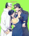  3boys anchor_ornament anger_vein arm_grab black_coat black_hair blue_eyes blue_hair chain coat diamond_wa_kudakenai dual_persona gakuran hands_in_pockets haruko_(chikadoh) higashikata_josuke jojo_no_kimyou_na_bouken kujo_jotaro long_coat multiple_boys pompadour school_uniform shaded_face shoulder_grab stardust_crusaders time_paradox white_coat 