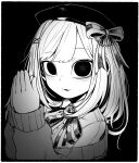  1girl beret black_eyes bow bowtie brooch cardigan greyscale hair_bow hair_ornament hat hatyuuruinohito highres jewelry looking_at_viewer medium_hair monochrome nijisanji own_hands_together smile solo suzuhara_lulu upper_body virtual_youtuber x_hair_ornament 