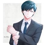  1boy artist_name black_suit brown_eyes formal green_hair highres light_smile long_sleeves necktie p45fmj ryman&#039;s_club shiratori_mikoto_(ryman&#039;s_club) short_hair simple_background solo suit upper_body 