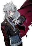  1boy black_jacket black_nails black_pants bokyo cape grey_hair grey_shirt hair_behind_ear highres jacket jewelry kuzuha_(nijisanji) looking_at_viewer male_focus medium_hair nijisanji open_hand open_mouth pants pointy_ears red_cape red_eyes ring shirt solo upper_body vampire virtual_youtuber white_background 