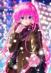  1girl :d bangs black_gloves blue_eyes blurry blurry_background braid brown_coat coat eyebrows_visible_through_hair floating_hair gloves hair_between_eyes highres hihooo long_hair long_sleeves looking_at_viewer megurine_luka night outdoors pink_hair pov red_scarf scarf smile standing very_long_hair vocaloid white_gloves winter winter_clothes winter_coat 