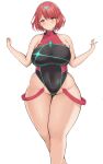  1girl absurdres bangs bare_arms bare_shoulders blush breasts closed_mouth covered_navel curvy eyebrows_visible_through_hair hair_ornament hands_up highres large_breasts leotard looking_at_viewer neneneji plump pyra_(xenoblade) red_eyes redhead short_hair simple_background smile solo standing thick_thighs thighs white_background xenoblade_chronicles_(series) xenoblade_chronicles_2 
