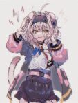  1girl 414_(hncx3355) absurdres ahoge animal_ears arknights arms_up belt black_hairband black_skirt blue_bow bow braid cat_ears cat_girl cat_tail chinese_commentary commentary_request cowboy_shot garter_straps goldenglow_(arknights) hair_bow hairband hands_in_hair highres jacket lightning_bolt_print lightning_bolt_symbol long_hair long_sleeves messy_hair open_clothes open_jacket pink_hair pink_jacket scissors shirt side_braid simple_background skirt solo tail white_background white_shirt 