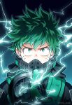  1boy bodysuit boku_no_hero_academia close-up commentary_request electricity gloves green_bodysuit green_eyes green_hair looking_at_viewer male_focus mask midoriya_izuku short_hair solo spiky_hair superhero tsukuyomi_kou white_gloves 