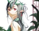  1girl 906_(9065495294) arknights bangs bare_shoulders black_hair blurry closed_mouth depth_of_field dragon_horns dress dusk_(arknights) dusk_(everything_is_a_miracle)_(arknights) earrings eyebrows_behind_hair green_dress highres horns jewelry long_hair looking_at_viewer looking_to_the_side official_alternate_costume pointy_ears red_eyes sleeveless sleeveless_dress smile solo tassel tassel_earrings upper_body white_background 