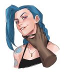  1boy 1girl asymmetrical_bangs bangs bare_shoulders biting black_choker braid choker cloud_tattoo collarbone dark-skinned_male dark_skin green_hair jewelry jinx_(league_of_legends) league_of_legends lip_biting long_hair mush820823 necklace pink_eyes shoulder_tattoo tattoo twin_braids 