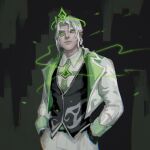  1boy alternate_costume alternate_hairstyle aredlac bangs black_background black_vest collared_shirt glowing glowing_eyes green_background green_jacket green_necktie grey_hair hands_in_pockets highres jacket league_of_legends monocle necktie pants shirt smile solo vest viego_(league_of_legends) white_jacket white_pants white_shirt 