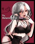  1girl blood blood_on_face breasts choker crop_top ear_piercing fangs fishnet_legwear fishnets grey_hair heart indie_virtual_youtuber jewelry lace long_hair looking_at_viewer melanie_moros midriff navel pale_skin piercing pointy_ears red_eyes ring thick_thighs thighs vampire virtual_youtuber xt0y4x 