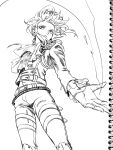 1boy 302 ascot cowboy_shot fire gloves graphite_(medium) greyscale half_gloves highres leather leather_pants lio_fotia male_focus monochrome outstretched_hand pants promare pyrokinesis solo standing traditional_media 