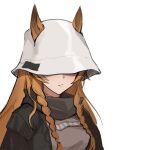  1girl animal_ears arknights black_jacket blush braid breasts brown_hair ceobe_(arknights) closed_mouth commentary_request dog_ears dog_girl ears_through_headwear hat_over_eyes jacket jason_kim long_hair oversized_clothes simple_background solo twin_braids white_background white_headwear 