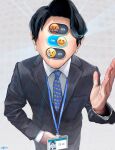  1boy black_hair collared_shirt commentary_request emoji formal grawlix highres id_card lanyard long_sleeves looking_at_viewer male_focus necktie original print_necktie shirt short_hair solo suit utsusemi_rari 