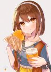  1girl bangs blue_shirt blush brown_eyes brown_hair burger closed_mouth clothing_request commentary_request cup disposable_cup eating eyebrows_visible_through_hair food grey_background hairband hands_up highres holding holding_cup holding_food jewelry kaminari_kinenbi light_smile looking_at_viewer medium_hair necklace original pink_nails scrunchie shirt short_sleeves solo upper_body wrist_scrunchie 