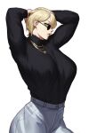  1girl absurdres arms_up blonde_hair borrowed_character breasts commentary commission glasses glint green_eyes hair_ornament highres jewelry large_breasts long_sleeves looking_at_viewer necklace original pants parted_lips short_hair simple_background solo sotcho white_background 