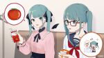  2girls absurdres bandaid bandaid_on_neck bat_wings black_bow black_nails blue_eyes blue_hair blue_sailor_collar bow carton cinderella_(vocaloid) commentary_request couch detached_wings drinking_straw facial_tattoo glasses hair_bow hair_ornament hatsune_miku heart heart_hair_ornament heart_tattoo highres indoors long_hair long_sleeves multiple_girls neckerchief orange_juice pink_shirt puffy_long_sleeves puffy_sleeves rectangular_eyewear red-framed_eyewear red_neckerchief rozu_ki sailor_collar school_uniform serafuku shirt sitting sparkle speech_bubble sweat tattoo tomato_juice twintails vampire_(vocaloid) vocaloid wings 