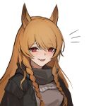  1girl animal_ears arknights bangs black_jacket blush braid breasts brown_hair ceobe_(arknights) commentary_request dog_ears dog_girl eyebrows_visible_through_hair eyes_visible_through_hair fang hair_over_one_eye jacket jason_kim long_hair looking_at_viewer notice_lines oversized_clothes red_eyes simple_background skin_fang smile solo twin_braids white_background 