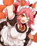 1girl animal_ear_fluff animal_ears animal_hands apron bell blush_stickers breasts cat_paws collar collarbone eyebrows_visible_through_hair fang fate/grand_order fate_(series) fox_ears fox_girl fox_tail gloves hair_ribbon highres izumi_minami jingle_bell large_breasts long_hair looking_at_viewer neck_bell one_eye_closed open_mouth paw_gloves pink_hair ponytail red_ribbon ribbon simple_background solo tail tamamo_(fate) tamamo_cat_(fate) white_background yellow_eyes 