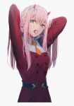  1girl artist_request bangs breasts candy coat darling_in_the_franxx eyebrows_visible_through_hair fake_horns food green_eyes hairband hands_in_hair horns lollipop long_hair looking_at_viewer open_mouth pink_hair red_coat solo standing teeth upper_teeth white_background zero_two_(darling_in_the_franxx) 